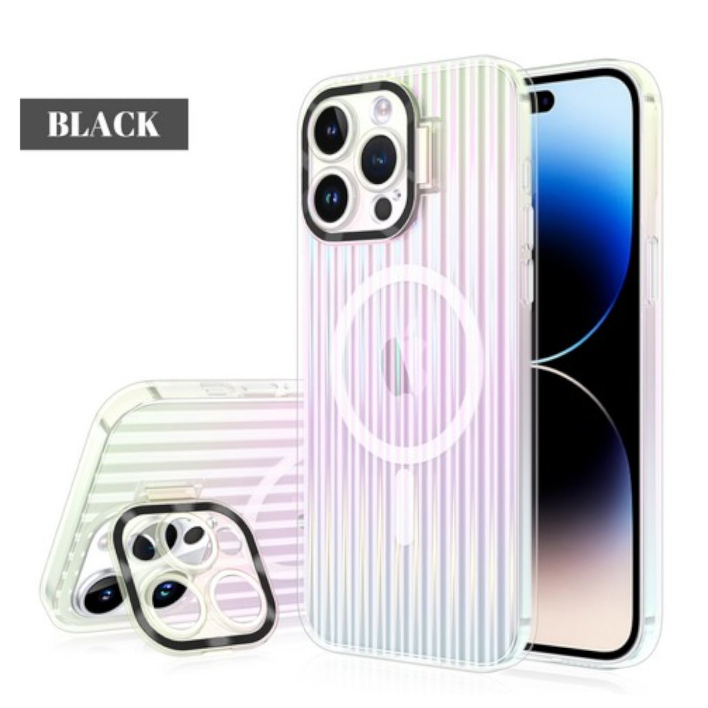For Apple iPhone 15 Pro (6.1") Built-in Camera Kickstand Shockproof Iridescent Holographic Colorful TPU Slim Protective  Phone Case Cover