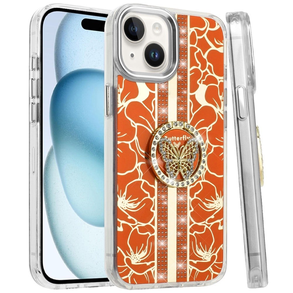 For iPhone 15 Plus (6.7") Diamonds 3D Butterfly Floral Design Bling Sparkly Glitter Hybrid Metal Fashion with Ring Stand Case Cover Cosmic Orange