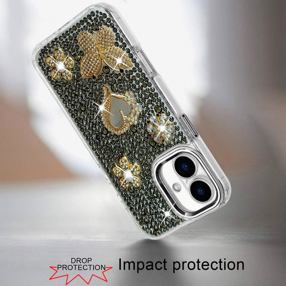 Phone Case for Apple iPhone 16 Plus Luxury Crystal Butterfly Floral Jeweled Heart Full Diamond Design, Sparkling Decorative Details, Elegant Style Cover Black