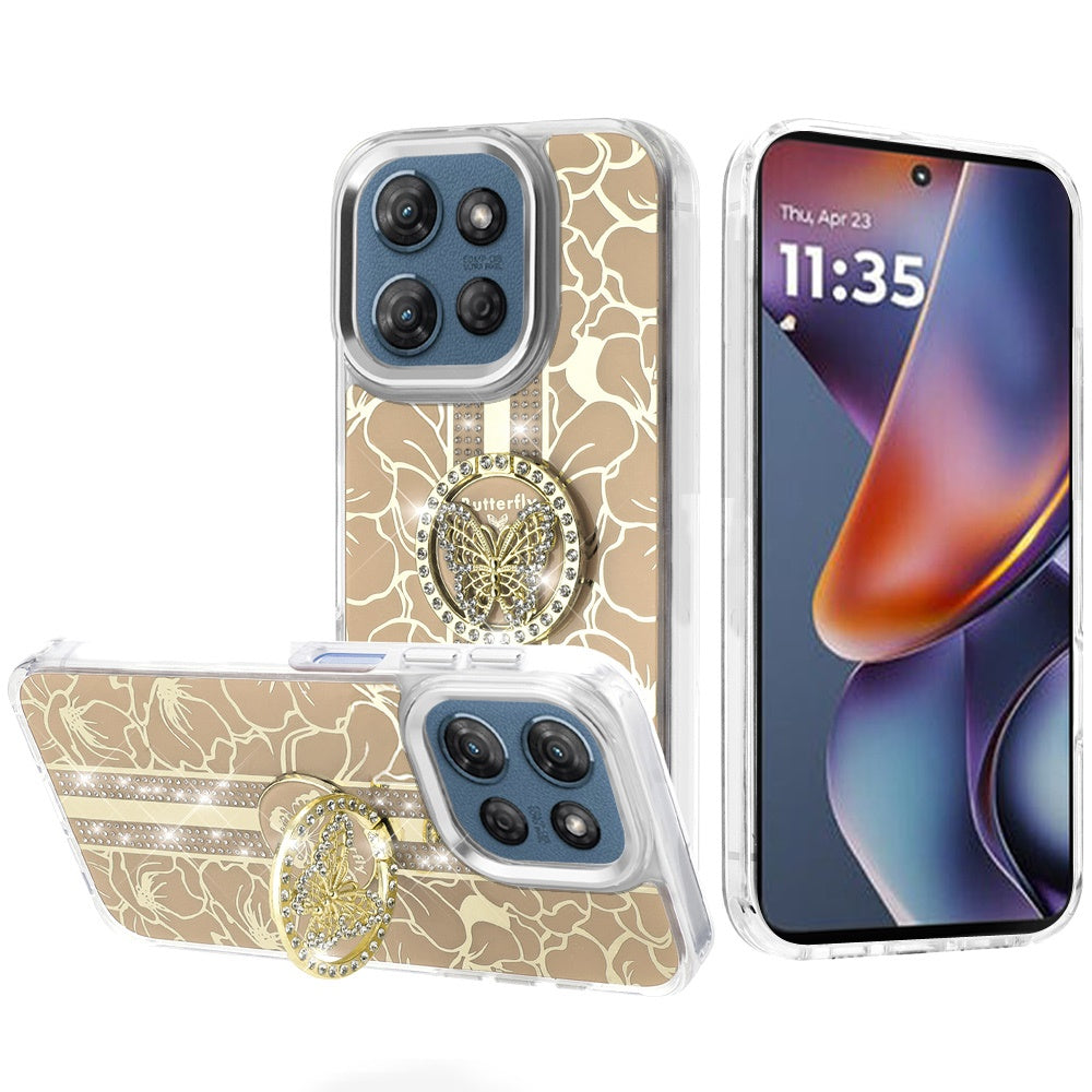 Phone Case for Motorola Moto G Play 5G 2026 Floral Butterfly Ring Stand Glitter Bling Shockproof Hybrid Luxury Fashion Protective Anti Slip Durable Grip Cover