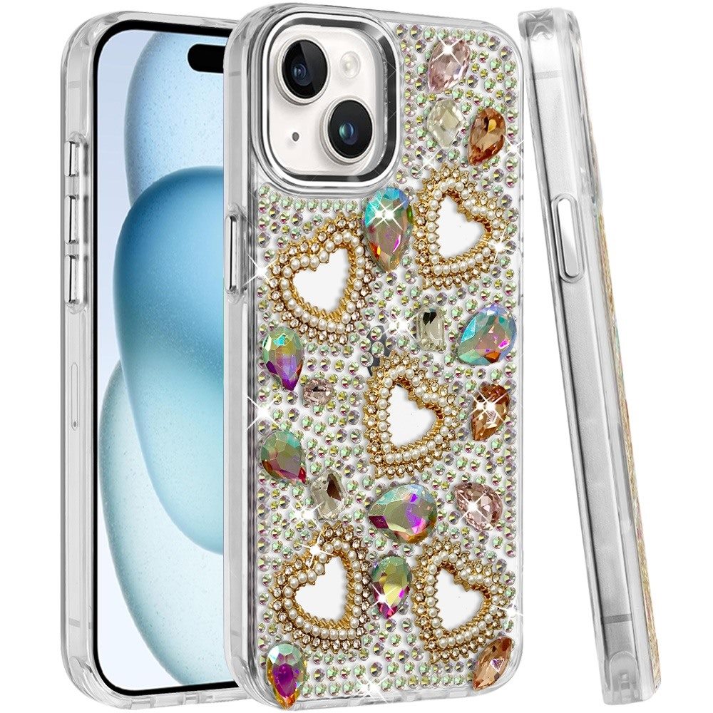 Phone Case for Apple iPhone 15 Plus Luxury Crystal Heart Rhinestone Diamond Bling Shockproof Hybrid Glitter Protective Stylish Durable Grip Cover