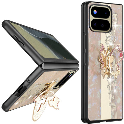 Phone Case for Google Pixel 11 Pro Fold Diamond Glitter Butterfly Engraved Ring Stand Luxury Bling Hybrid Shockproof Chrome Edge Protective Durable Grip Cover