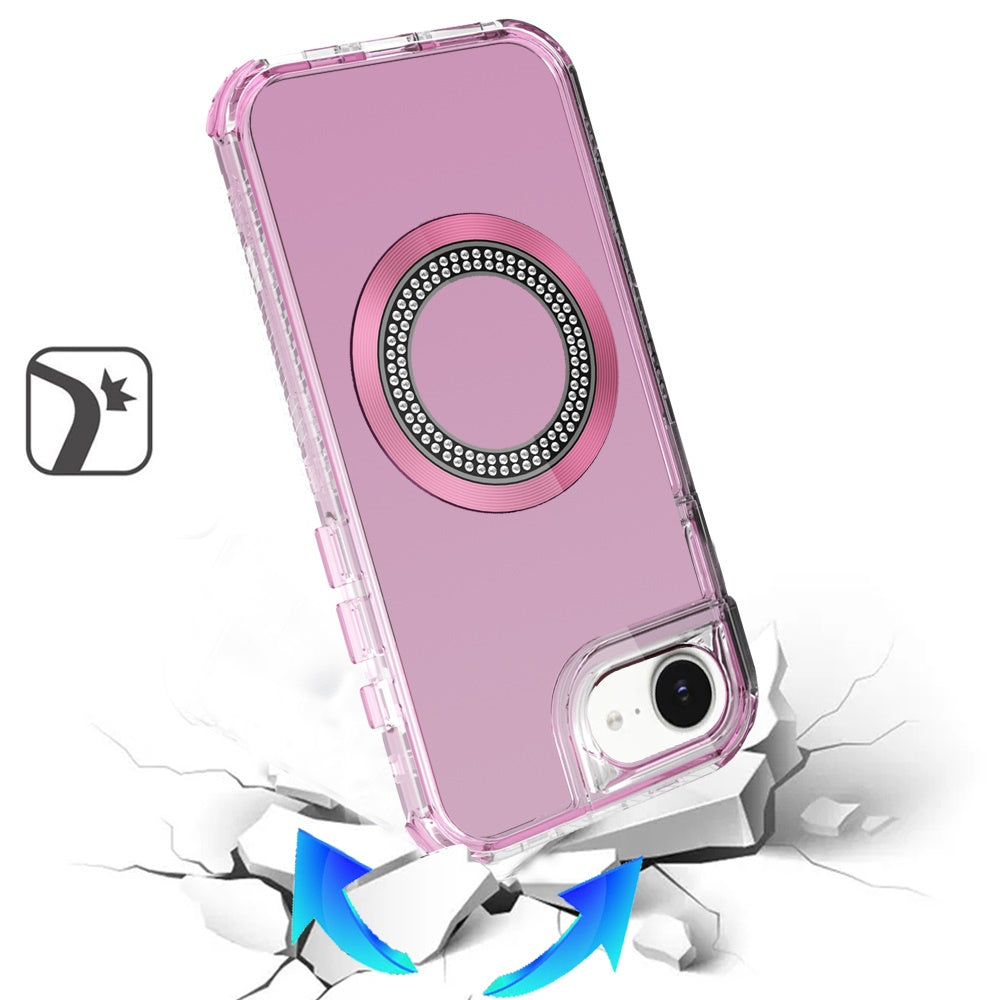For Apple iPhone 17E /16E Magnetic Circle Compatible with Magsafe, Hybrid Chrome 3in1 Transparent Shockproof TPU Bumper Case Cover Pink