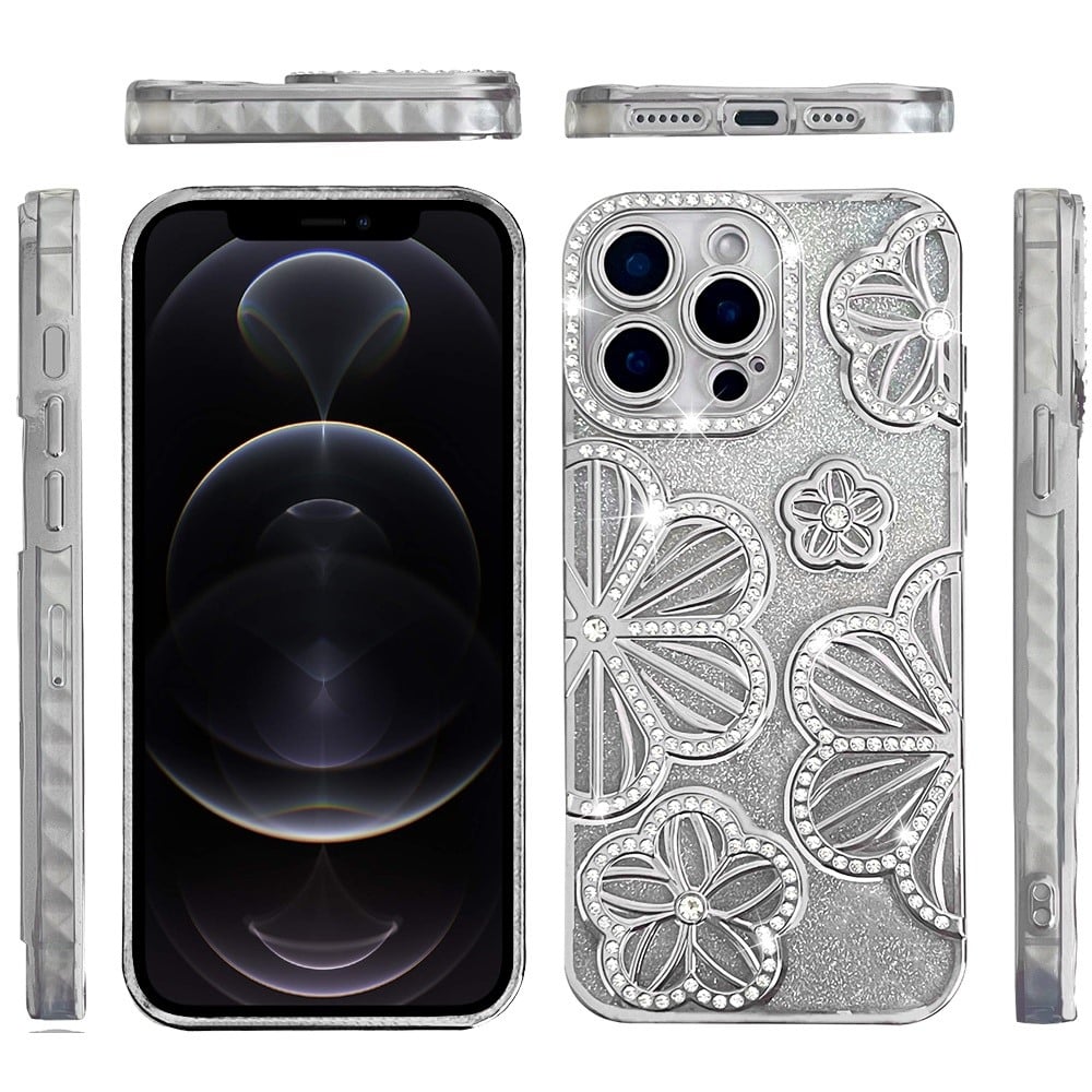 For Apple iPhone 12 Pro Max Luxury Flower Design Sparkle Glitter Diamond Rhinestone Shimmer Bling Plating Thick TPU Hard PC Case Cover