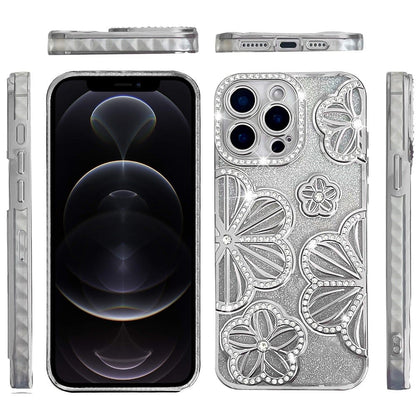 For Apple iPhone 12 Pro Max Luxury Flower Design Sparkle Glitter Diamond Rhinestone Shimmer Bling Plating Thick TPU Hard PC Case Cover