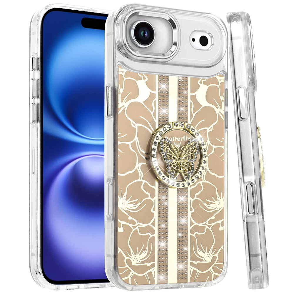 For Apple iPhone 17 Air (6.6") Diamonds 3D Butterfly Floral Design Bling Sparkly Glitter Hybrid Metal Fashion with Ring Stand Case Cover
