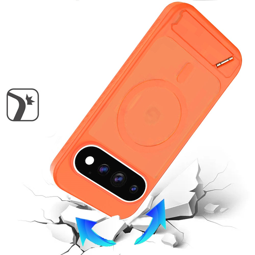 Phone Case for Google Pixel 11 Pro XL Matte Magnetic Metal Kickstand Shockproof Grip Anti Slip Durable Protective Heavy Duty Hybrid Cover Orange