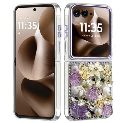 For Motorola Razr Ultra 2025 3D Diamond Floral Roses Flower Bling Stone Hybrid, Sparkly Rhinestone Gemstone Back Shockproof Case Cover