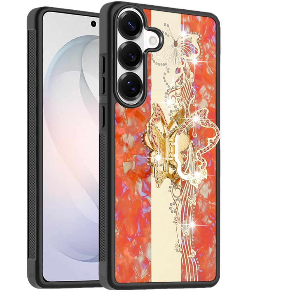 Phone Case for Samsung Galaxy S26 FE /Fan Edition Diamond Glitter Butterfly Engraved Ring Stand Luxury Bling Hybrid Shockproof Chrome Edge Protective Durable Grip Cover