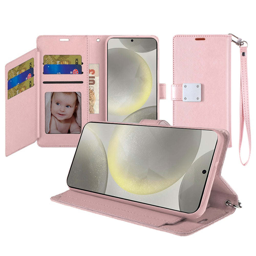 For Samsung Galaxy S26+ / S26 Plus Wallet Cases PU Leather with Credit Card /ID /Cash Holder Slot Dual Flip Book Pouch, Stand and Strap Case Cover Rose Gold