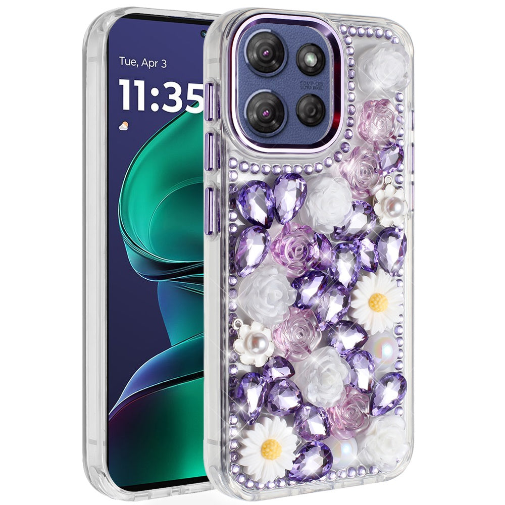 For Motorola Moto G 5G 2025 Fashion Daisy Floral Series, Full 3D Bling Crystal Diamonds Sparkling Rhinestone Glitter Hybrid Design Case Cover