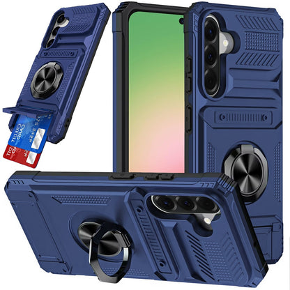 Phone Case for Samsung Galaxy A57 Multi Functional Card Slot Shockproof Metal Ring Hybrid Wallet Rugged Protective Grip Heavy Duty Durable Cover Blue