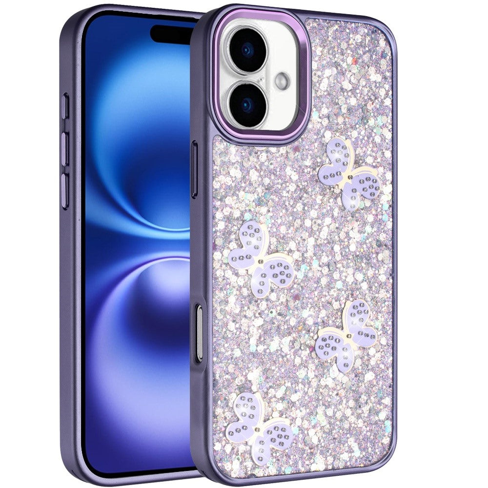 For Apple iPhone 17 (6.3") Cute Butterfly Crystal Diamond Glitter Case Sparkle Bling Frame Metallic Edges, Shimmer TPU Hybrid Case Cover