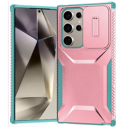 For Samsung Galaxy S25 Ultra Slim Fit Shockproof Hybrid with Slide Camera Window Covering, Rugged Tpu Silicone Hard PC Bumper Case Cover Pink-Teal