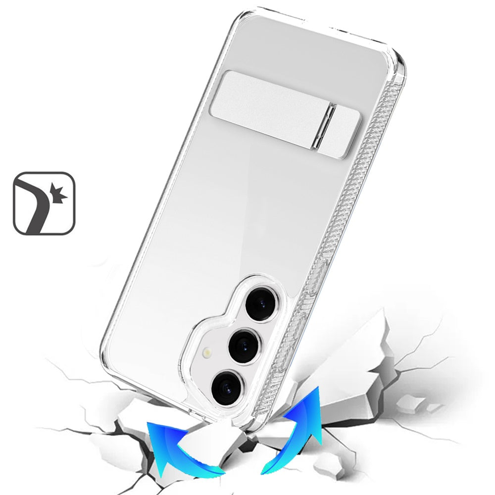 For Samsung Galaxy S25 /S24 Transparent with Sturdy Metal Kickstand Hybrid Dual Layer Tough Shock-Absorbent Slim Fit Hard PC + TPU Case Cover Clear