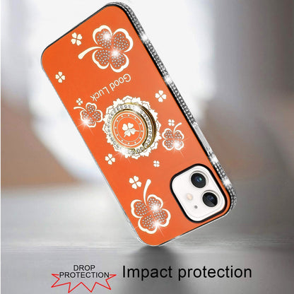 For Apple iPhone 11 Diamonds Bling All Around Edges Sparkly Glitter Hybrid with Ring Stand Holder Fashion Good Luck Case Cover Cosmic Orange