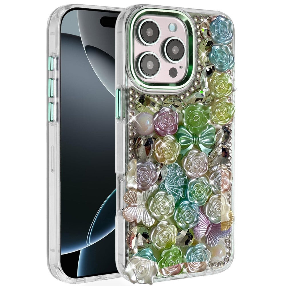 Phone Case for Apple iPhone 16 Pro 3D Flower Bling Rhinestone Glitter Cute Stylish Shockproof Protective Decorative Luxury Grip Stones Ornaments Cover