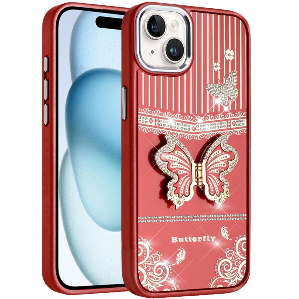 For iPhone 15 (6.1") Glitter 3D Butterfly Design Bling Metallic Edge Hybrid Stand Drop Protection TPU Shockproof Case Cover