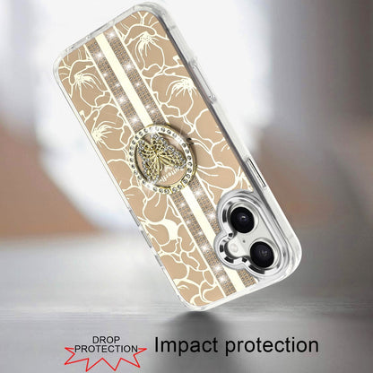 Phone Case for Apple iPhone 16 Floral Butterfly Ring Stand Glitter Bling Shockproof Hybrid Luxury Fashion Protective Anti Slip Durable Grip Cover