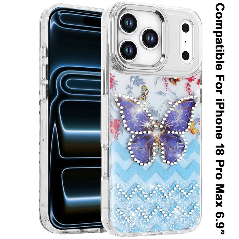 Phone Case for Apple iPhone 18 Pro Max Butterfly Resin Epoxy Diamond Bling Metal Edge Shockproof Hybrid Luxury Protective Durable Stylish Fashion Grip Cover