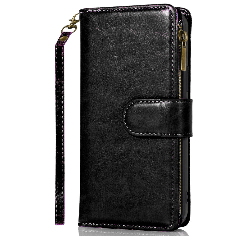 For Google Pixel 10 / 10 Pro Leather Wallet Case with Zipper, 9 Card Slots, Cash Pocket, Stand & Strap, Clutch Pouch Design Case Cover Black