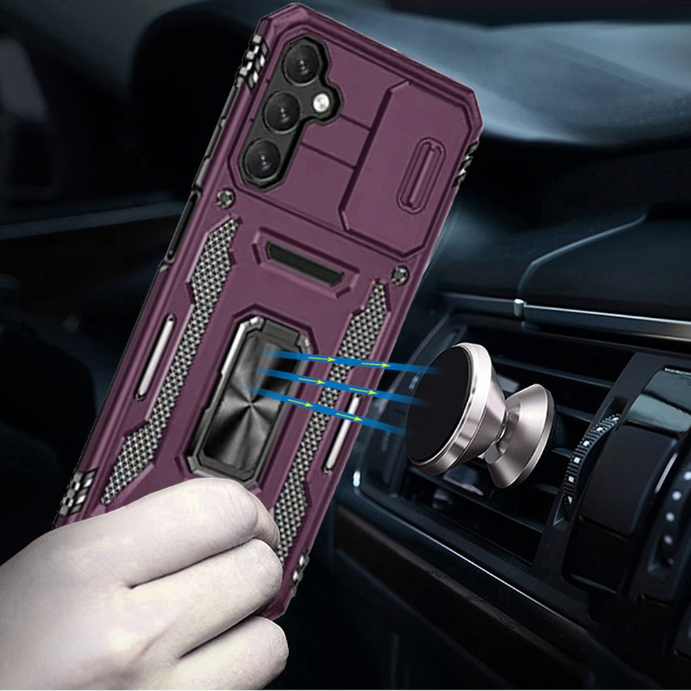 Phone Case for Galaxy A17 5G Tough Metal Ring Shockproof Sliding Camera Window Hybrid Armor Rugged Anti Slip Heavy Duty Grip Cover Purple