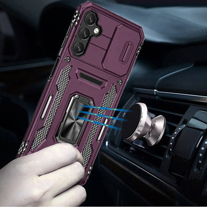 Phone Case for Galaxy A17 5G Tough Metal Ring Shockproof Sliding Camera Window Hybrid Armor Rugged Anti Slip Heavy Duty Grip Cover Purple