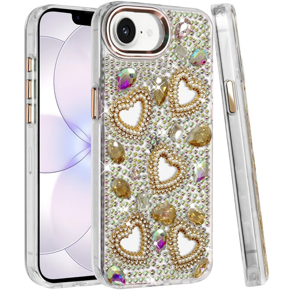 Phone Case for Apple iPhone 16 E (6.1") Luxury Crystal Heart Rhinestone Diamond Bling Shockproof Hybrid Glitter Protective Stylish Durable Grip Cover