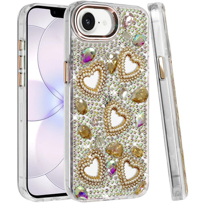 Phone Case for Apple iPhone 16 E (6.1") Luxury Crystal Heart Rhinestone Diamond Bling Shockproof Hybrid Glitter Protective Stylish Durable Grip Cover