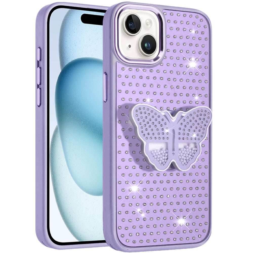 Phone Case for Apple iPhone 15 Butterfly Grip Pop Stand Diamond Sparkle Hybrid Shockproof Metal Button Slim Protective Grip Decorative Design Cover