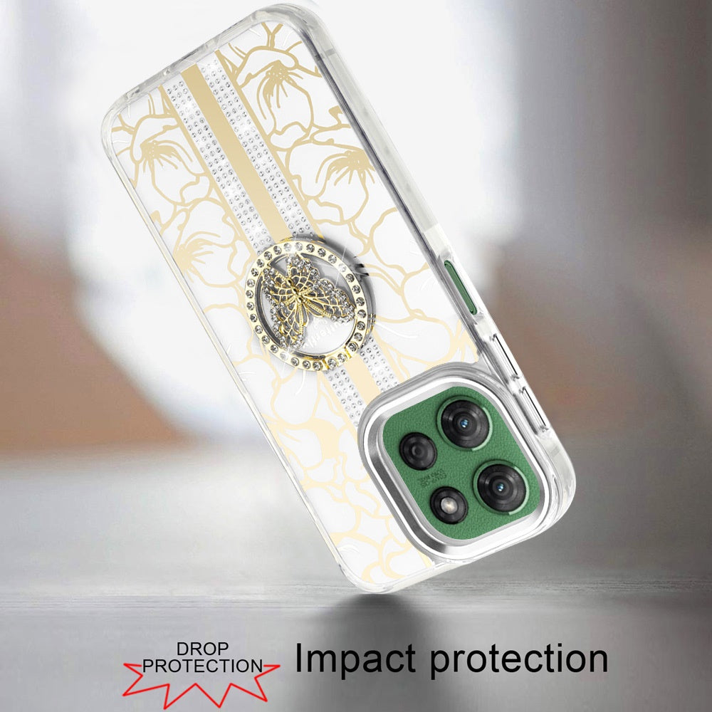 For Motorola Moto G 5G /Moto G 2025 Diamonds 3D Butterfly Floral Design Bling Sparkly Glitter Hybrid Metal Fashion with Ring Stand Case Cover