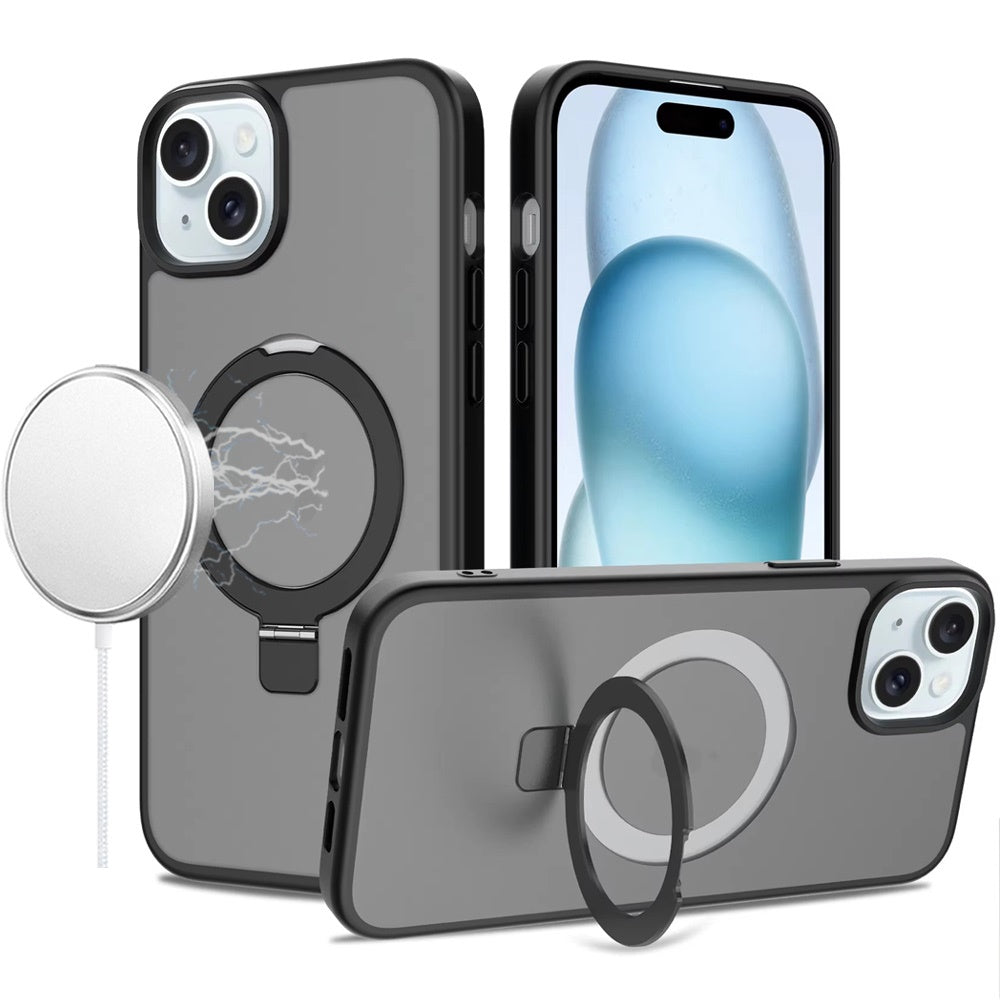 Phone Case for Apple iPhone 15 Magnetic Ring Stand Full Rotation Matte Shockproof Grip Anti Slip Durable Camera Protection Hybrid Cover Black