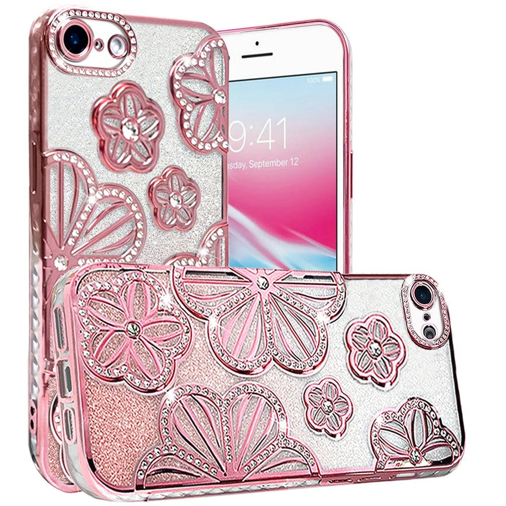 Phone Case for Apple iPhone SE 3 (2022) SE/8/7 Shimmer Glitter Floral Thick TPU Shockproof Durable Grip Camera Protection Anti-Scratch Stylish Design Cover