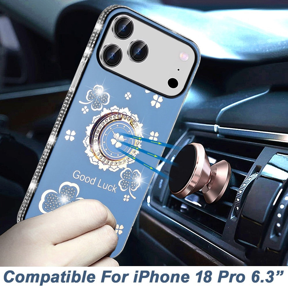 Phone Case for Apple iPhone 18 Pro Glitter Diamond Ring Stand Sparkle Rhinestone Edge AntiSlip Kickstand Luxury Fashion Bumper Shockproof Cover Blue