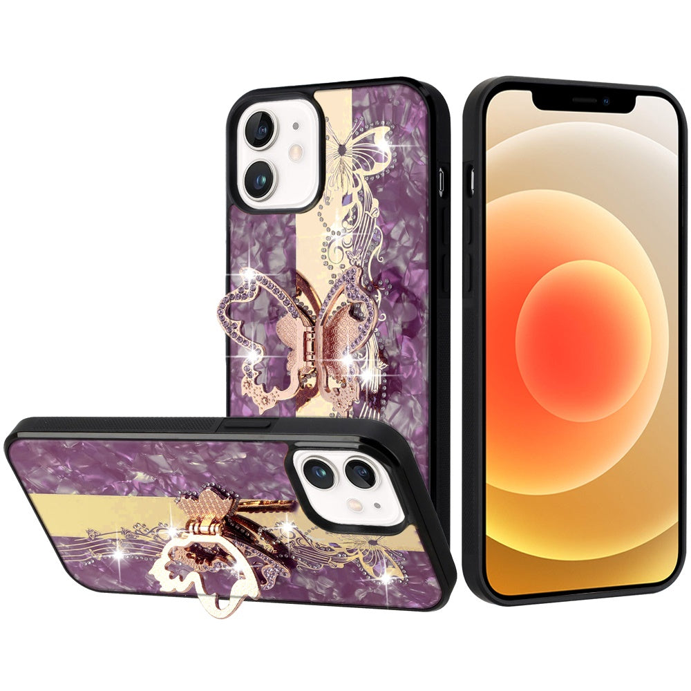 Phone Case for Apple iPhone 12 /12 Pro Diamond Glitter Butterfly Engraved Ring Stand Luxury Bling Hybrid Shockproof Chrome Edge Protective Durable Grip Cover Purple