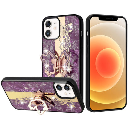 Phone Case for Apple iPhone 12 /12 Pro Diamond Glitter Butterfly Engraved Ring Stand Luxury Bling Hybrid Shockproof Chrome Edge Protective Durable Grip Cover Purple