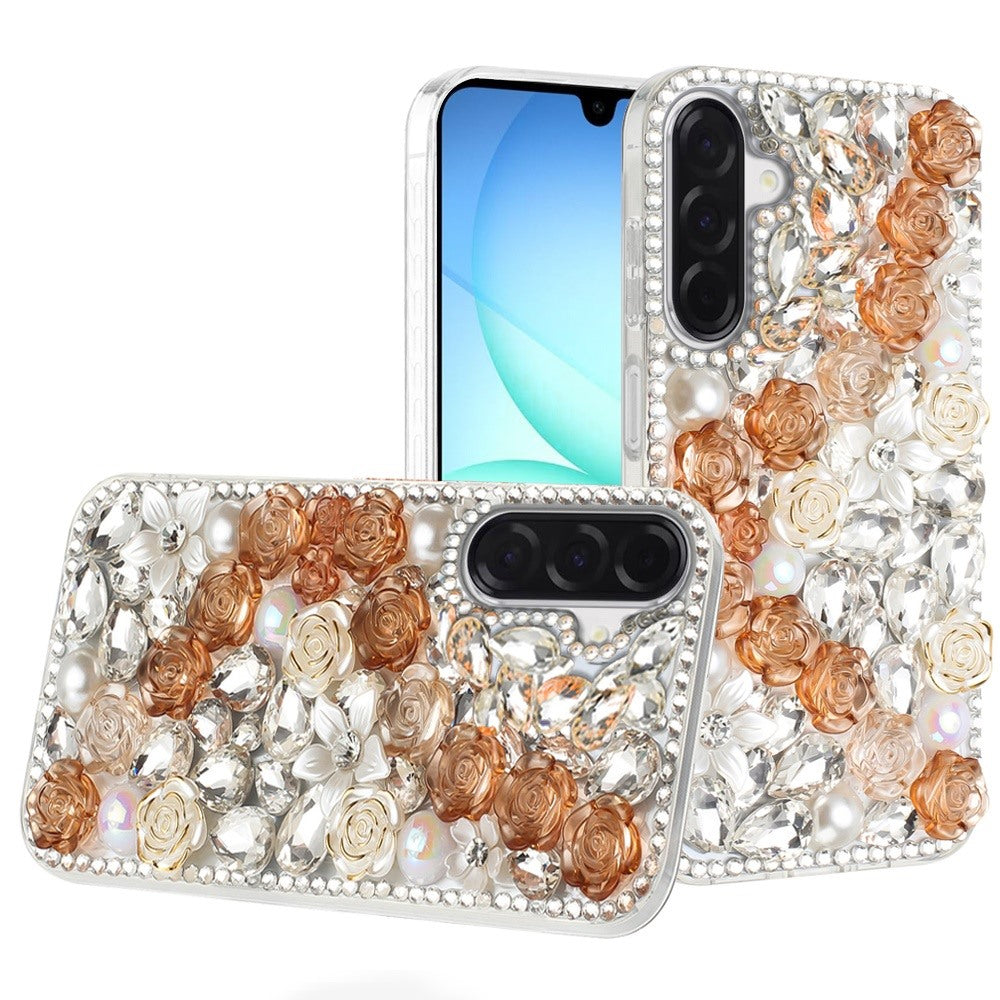 Phone Case for Galaxy A17 5G Rose Flower Full Diamond Bling Rhinestone Glitter Luxury Stylish Sparkle Protective Designer Hybrid Cover