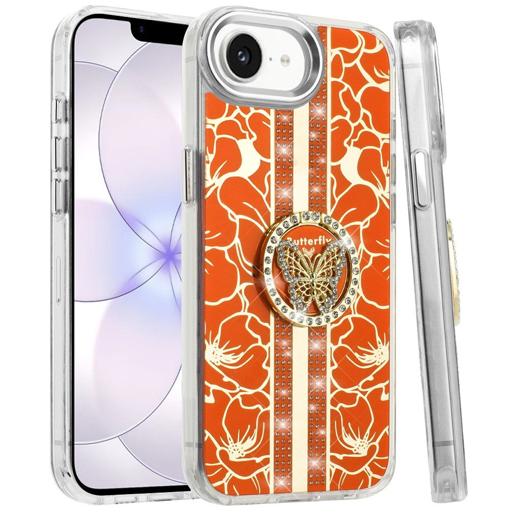 Phone Case for Apple iPhone 17E /16E Floral Butterfly Ring Stand Glitter Bling Shockproof Hybrid Luxury Fashion Protective Anti Slip Durable Grip Cover Cosmic Orange