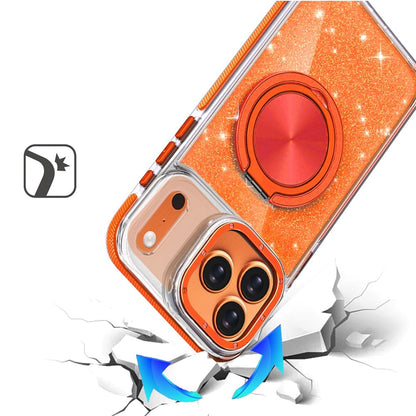 For Apple iPhone 17 (6.3") Slim Bling Glitter Sparkly Shimmer Hybrid with Magnetic Ring and 360° Rotational Stand [Compatible with Magsafe] Case Cover Cosmic Orange