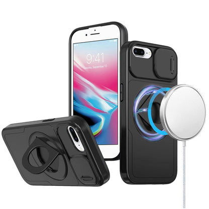 For Apple iPhone SE 3 (2022) SE/8/7 Full Coverage with Camera Window, Magnetic Circle, Rotatable Ring Stand, MagSafe Compatible, Shockproof Hybrid Protectiv Case Cover