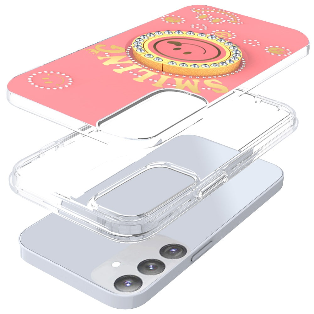 For Samsung Galaxy S25 /S24 Smiling Glitter Ornament Bling Sparkle with Ring Stand Hybrid Slim TPU + Hard Back Shell Case Cover