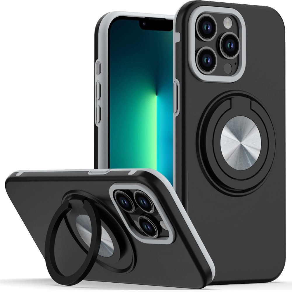 Phone Case for Apple iPhone 13 Pro Shockproof Magnetic Ring Stand Rotating CarMount Hybrid Metal Matte Finish AntiSlip Grip Kickstand Cover Black