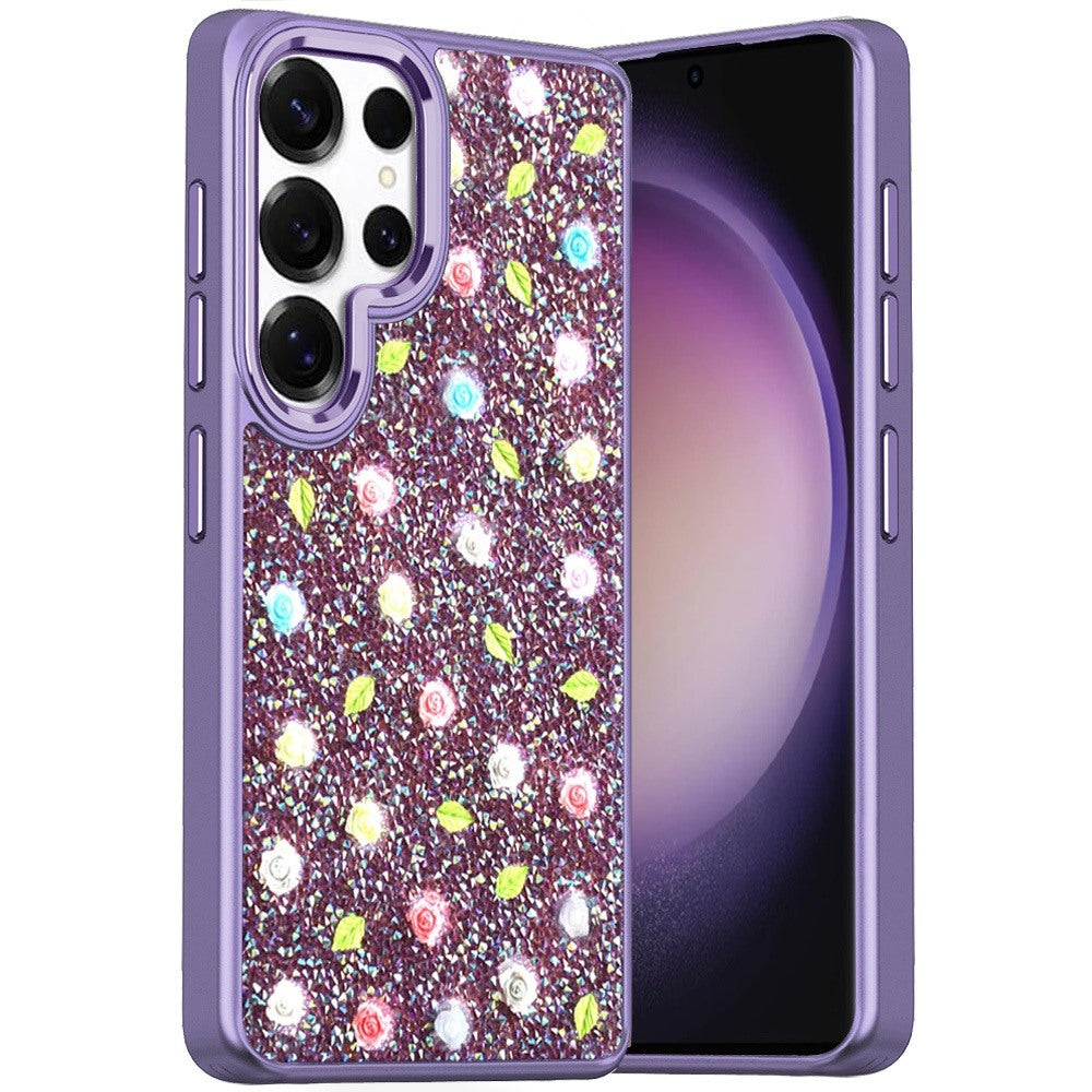 For Samsung Galaxy S24 Ultra Floral Design Embedded Glass Diamond Fancy Fashion Glitter Bling Sparkly Hybrid Rugged TPU Bumper Case Cover