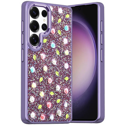 For Samsung Galaxy S24 Ultra Floral Design Embedded Glass Diamond Fancy Fashion Glitter Bling Sparkly Hybrid Rugged TPU Bumper Case Cover