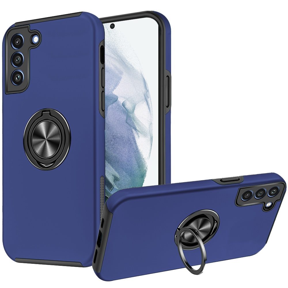 For Samsung Galaxy S21 FE /Fan Edition Hybrid 360 Degree Rotatable Metal Invisible Ring Stand Holder Slim Fit Magnetic Car Mount Shockproof Case Cover Blue