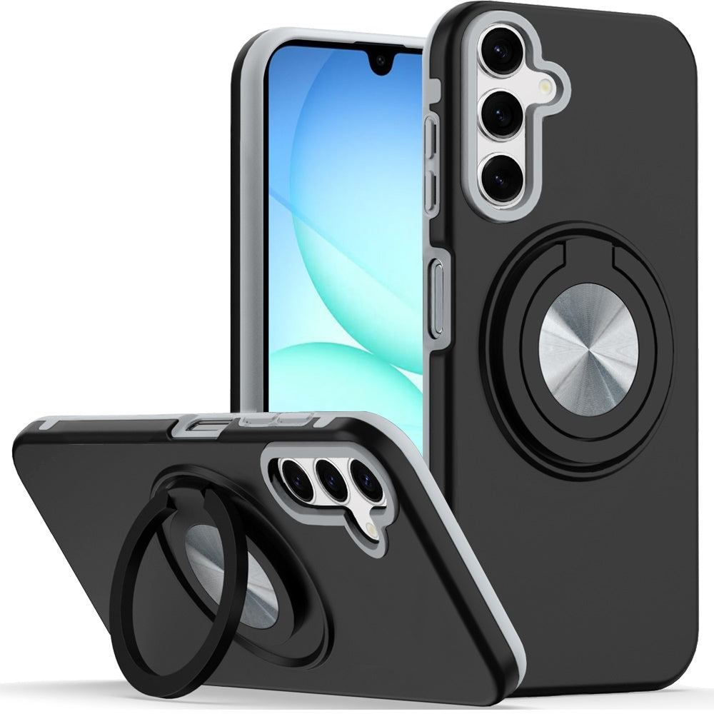 For Samsung Galaxy A17 5G Metal Matte Hybrid with Invisible Rotational Ring Stand, Car Mount Friendly, Military Grade Slim Fit Sturdy Case Cover Black