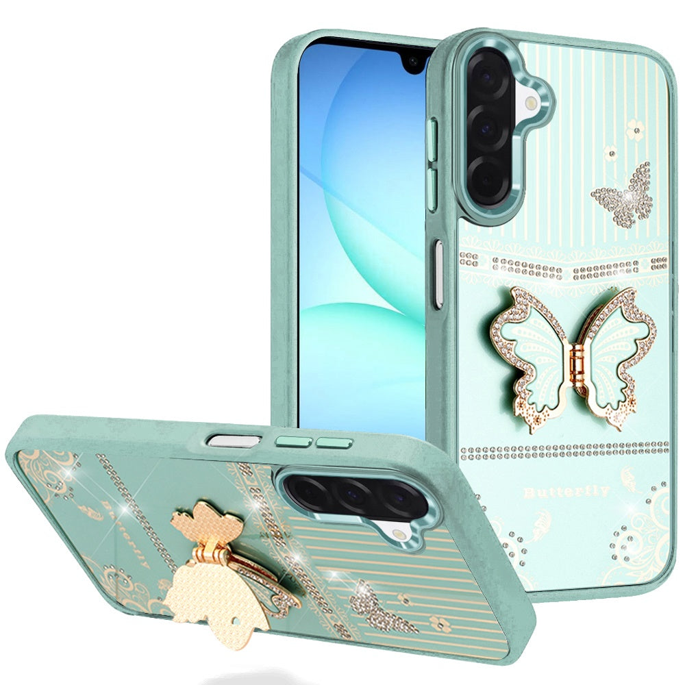 For Samsung Galaxy A17 5G Glitter 3D Butterfly Design Bling Metallic Edge Hybrid Stand Drop Protection TPU Shockproof Case Cover