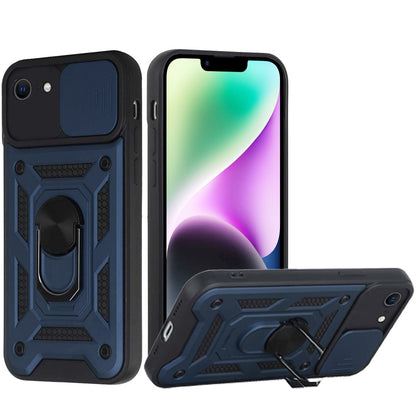 For Apple iPhone 16e Hybrid Case with Slide Camera Lens Cover, Ring Kickstand, Heavy-Duty Dual Layer TPU, Fit Magnet Car Mount Case Cover