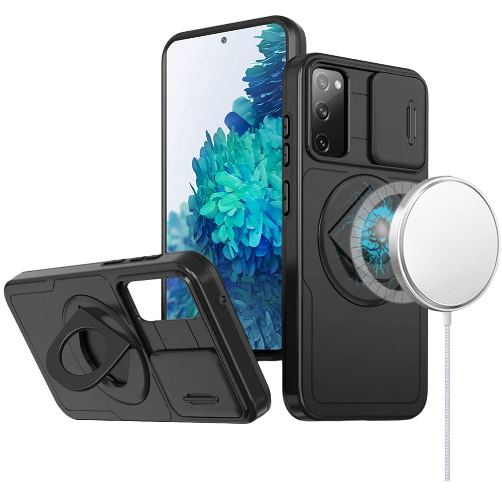 For Samsung Galaxy S21 FE /Fan Edition Full Coverage with Camera Window, Magnetic Circle, Rotatable Ring Stand, MagSafe Compatible, Shockproof Hybrid Protectiv Case Cover Black