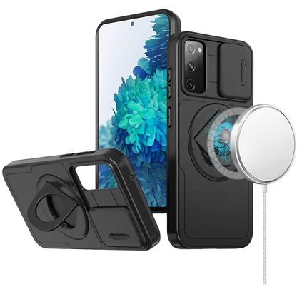 For Samsung Galaxy S21 FE /Fan Edition Full Coverage with Camera Window, Magnetic Circle, Rotatable Ring Stand, MagSafe Compatible, Shockproof Hybrid Protectiv Case Cover Black